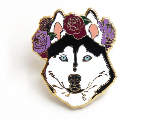 Husky Dog Flower Crown Enamel Pin