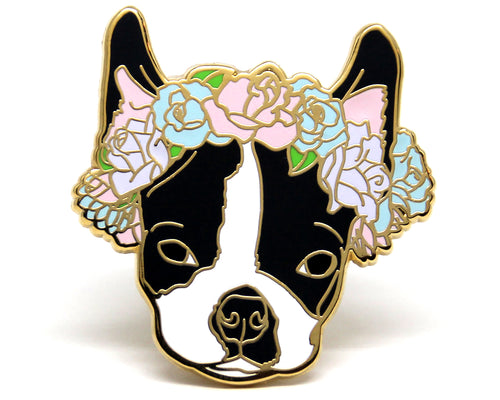 Boston Terrier Flower Crown Enamel Pin