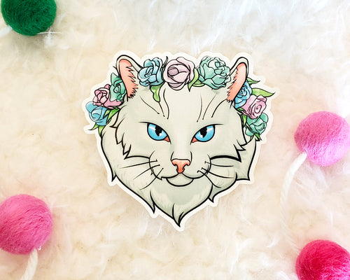 Long Haired Cat Vinyl Sticker - White